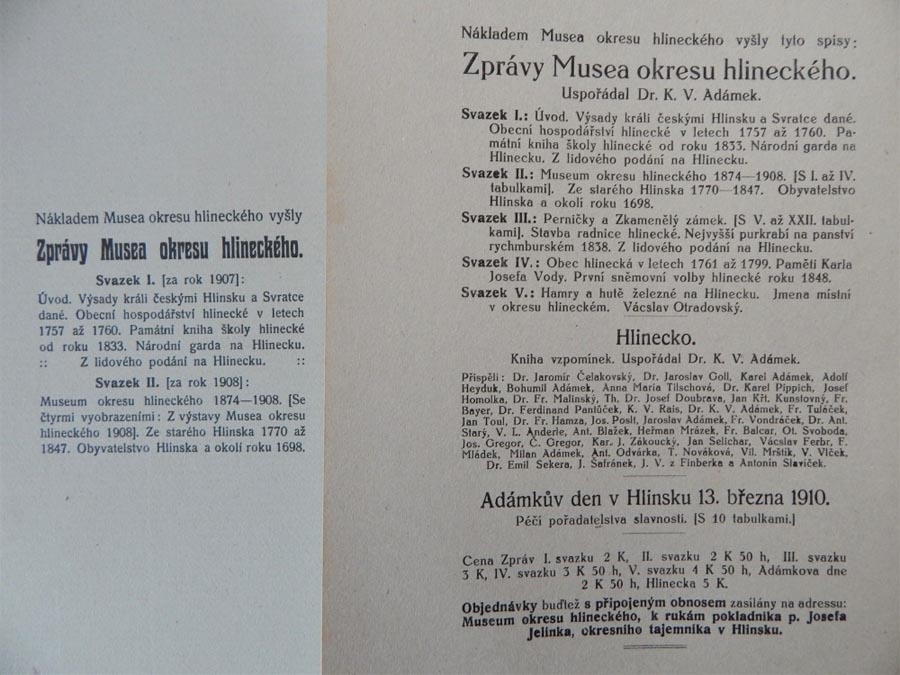 Zprávy musea okresu hlineckého - K. V. Adámek