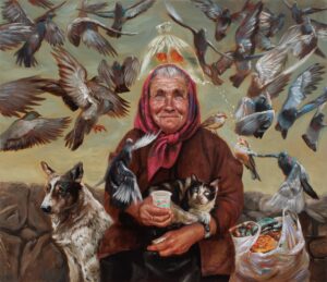 Michal Janovský obraz Stařena s holuby